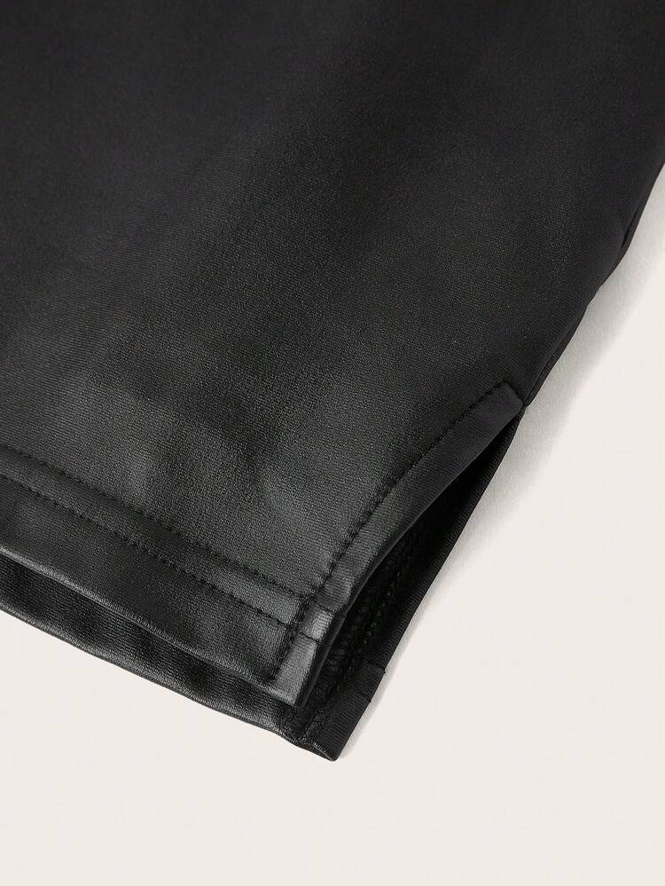 SHEIN EZwear 女士纯色简约PU皮A字裙，休闲日常穿着 - 黑色 - 查看 3