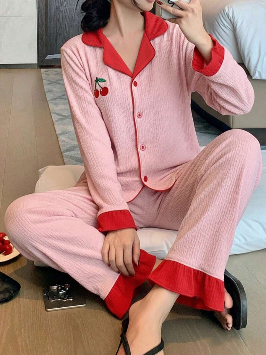 2pcs/Set Girls' Minimalist Cherry Embroidery Ruffle Trim Comfortable Loose Pajama Set