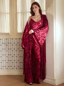 MOTF PREMIUM 提花垂坠吊带上衣和裤子睡衣套装 - 紅色 - 查看 6