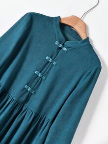 Rusticease 女士休闲纯色立领长裙 - 湖藍色 - 查看 5