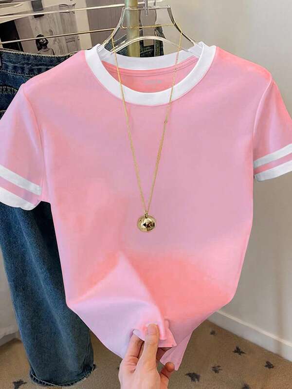 Resyla Camiseta de mujer de manga corta con cuello redondo y bloque de color, casual de verano