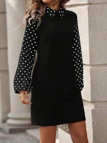 EMERY ROSE Women's Contrast Polka Dot Print Long Sleeve Dress - Black - View 3