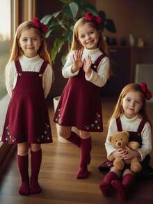 Emery Rose Kids Emery Rose Kids Young Girl Cute Casual Vintage Ditsy Floral Print Embroidery Overall Dress Without Tee ,Fall & Winter, Must-Have, Great For Casual & Daily Wear & School DailyVersatile. Red For Christmas ,For Holiday. - Red - View 2