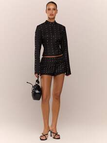 MUSERA 修身迷你镂空短裤，Y2K酷女孩街头风日常休闲秋冬派对必备 - 黑色 - 查看 2