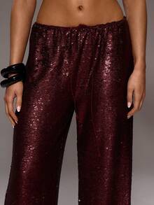 MUSERA Mid Rise Tie Front Sequin Wide Leg Trousers Autumn Winter Sexy Elegant Occasion Party Evening  NYE