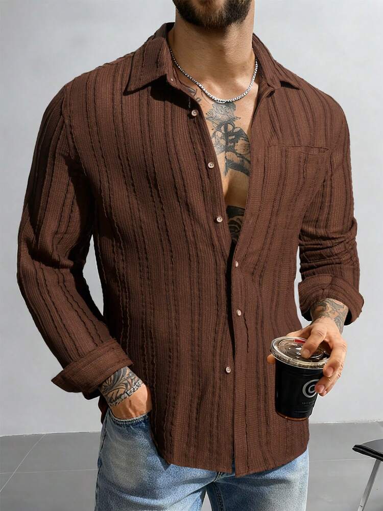 Manfinity Homme Men's Casual Solid Color Textured Long Sleeve Shirt, Autumn - Coffee Brown - View 1
