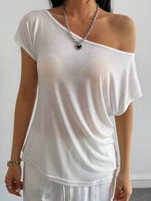 DAZY Women's Sexy Casual Asymmetric-Shoulder Short Sleeve Sheer Top, Summer Vacation - White - View 3