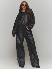 MUSERA 拉链式仿皮连帽飞行员夹克，冬季街头风，酷炫夜生活日常性感春季必备 - 黑色 - 查看 5