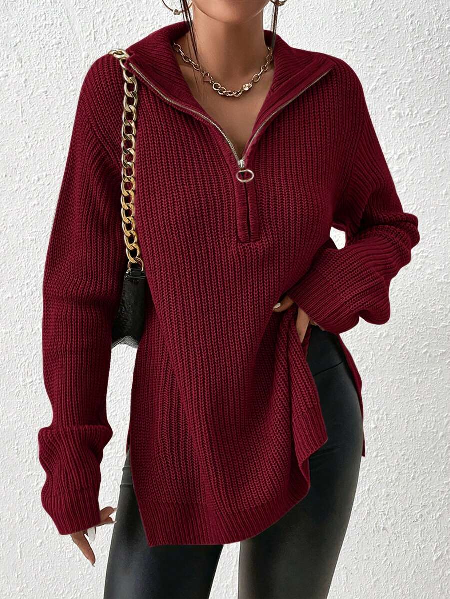 SHEIN Frenchy Áo len đen hạt kéo khóa nửa vai, áo dài tay cho mùa thu/đông - Đỏ - Xem 1