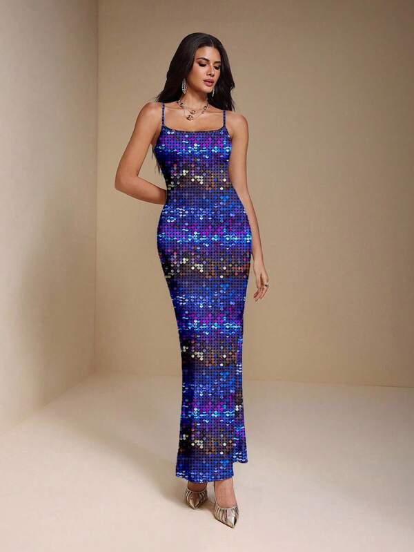 Shutterstock Glamance Women's Black Metallic Sequin Dress, Shiny Party Birthday Banquet Sexy Gown, Suitable For Winter, New Year Celebration Blue Sequin Dress Disco Dress Bodycon Maxi Dress Women