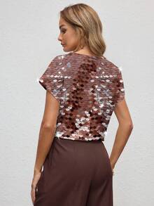 Shutterstock Glamance 棕色亮片休闲简约女式圆领衬衫，闪亮派对上衣，新年亮片女式金属闪光上衣 - 彩色 - 查看 2