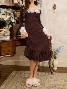 Côtesoire 法式优雅浪漫蕾丝荷叶边长袖上衣和裤子罗纹针织女士睡衣套装，适合秋冬季穿着 - 咖啡棕 - 查看 6