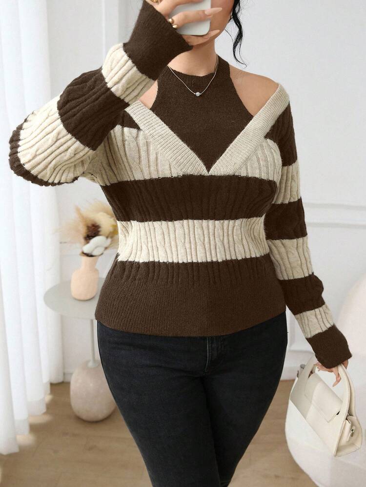 Modelyn Áo len hở vai kẻ sọc màu tương phản cỡ lớn, phong cách đường phố cho mùa thu - Lạc đà - Xem 3