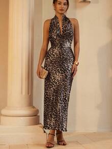 SHEIN Unity Satin Fabric Random Leopard Print Sexy Plunging Neck Backless Dress - Multicolor - View 2