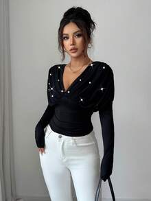 Elenzga Women's V-Neck Raglan Long Sleeve Mesh Patchwork Fitted Waist Beaded Decor Elegant Refined T-Shirt - Black - View 3