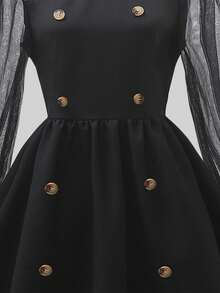 SHEIN Women's Vintage Style White Collar Back Open Water Drop Button Front Panel Mesh Decor Sleeve Short Dress - Black - View 3
