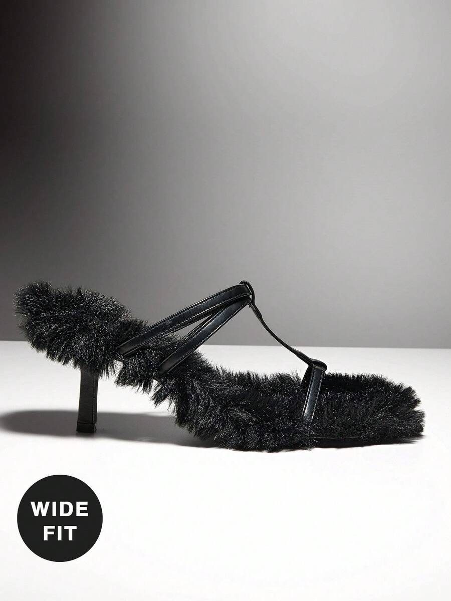 SHUZIA 女士宽版百搭仿皮草一脚蹬高跟凉鞋 - 黑色 - 查看 1