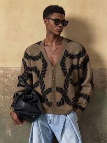 AKNOTIC 男士休闲时尚 - 宽松纽扣开襟毛衣 - 对比提花图案 - 可机洗或干洗 - 适合秋冬季穿着 - 咖啡棕 - 查看 3