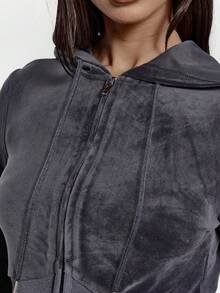 MUSERA Zip Through Fitted Ribbed Snatched Underbust Hooded Velour Sweatshirt Only Night Out Cute - Dark Grey - View 6