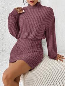 SHEIN Frenchy 女士优雅纯色高领罗纹修身连衣裙，秋冬款 - 粉色 - 查看 4