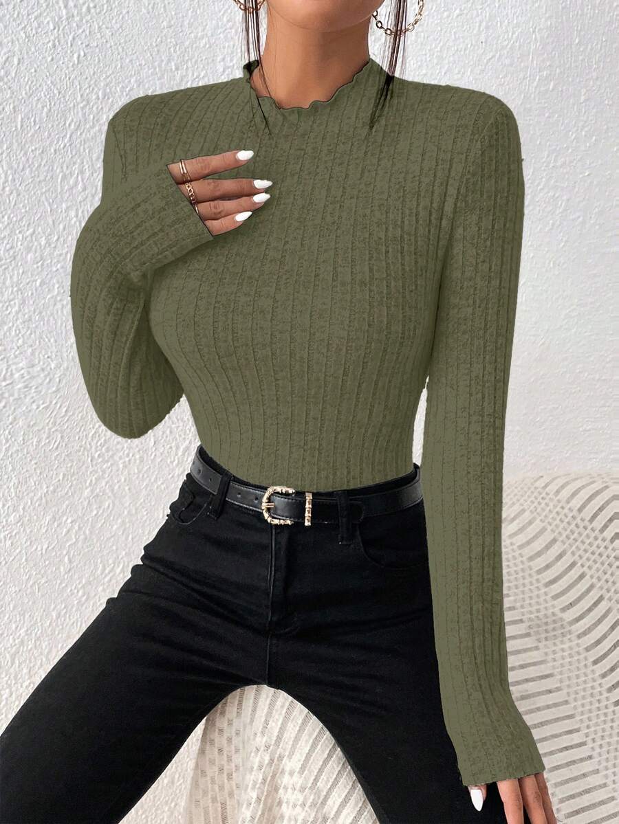SHEIN Frenchy Mock Neck Ribbed Knit Textured Fabric Tee Winter,Fall,Fall Clothes For Women Green Christmas Casual Spring - Army Green - View 1