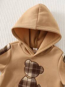 Cozy Pixies 2pcs Baby Boy Cartoon Bear Pattern Knit Soft Patchwork Brown Plaid Round Neck Long Sleeve Pullover Sweatshirt And Elastic Waist Long Pants Set - Khaki - View 5