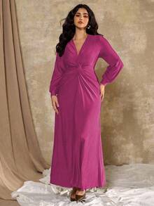 Roveilla 大码女式法式休闲V领长袖连衣裙，派对装 - 玫紅色 - 查看 3