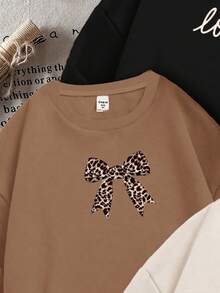 SHEIN Leap Crew 3件套复古奶油白、黑色、卡其色豹纹爱心、豹纹蝴蝶结、字母图案少女休闲宽松圆领舒适长袖卫衣，适合秋冬季穿着 - 彩色 - 查看 6