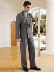 Manfinity Bizformal 男士灰色商务西装 男士外套 男士西装 男士大衣 男士双排扣西装 双排扣西装外套 男士欧式男装 - 深灰色 - 查看 4