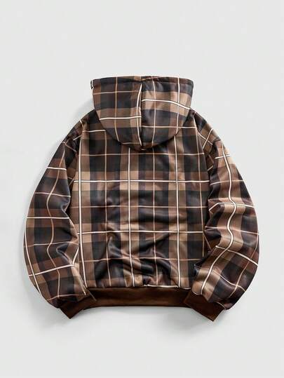 Sudadera con capucha casual con cremallera, de manga larga, con estampado de letras y cuadros, para otoño/invierno para hombres