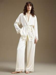 Ontre Women's Cream White Satin 2-Piece Set, Autumn Elegant Loungewear Lace Trim V-Neck Drop Shoulder Cinched Waist Waist Top And Long Pants, Modern Office Wear - Apricot - View 7