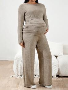 SHEIN 两件套孕妇加大码纯色圆领长袖T恤和可调节腰围休闲裤套装 - 杏色 - 查看 4