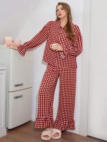 SweetSlumber Valentine's Day Peter Pan Collar Flare Sleeve Heart Button Gingham Print Oversized Women Pajama Set, Winter Clothes - Red and White - View 5