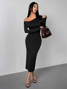 SHEIN PETITE 纯色褶裥腰部黑色长袖连衣裙，不对称领口 - 黑色 - 查看 5