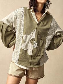 Bohemela 休闲针织拼接V领长袖宽松女式卫衣，冬季女装，舒适休闲 - 彩色 - 查看 1