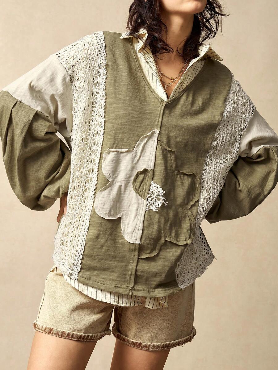 Bohemela 休闲针织拼接V领长袖宽松女式卫衣，冬季女装，舒适休闲 - 彩色 - 查看 1