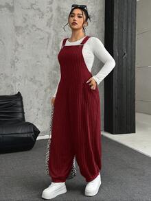 SHEIN EZwear 大码酒红色弹力抓绒罗纹背带裤，秋冬季