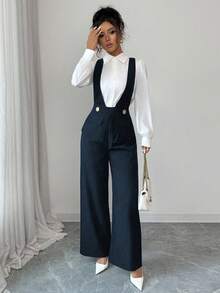 Selianne Ținută elegantă de profesoară pentru femei, din material gros, cu decolteu adânc în V, de culoare neagră, potrivită pentru Ziua Independenței, Cyber Monday, Halloween, Festivalul de cumpărături din 11 noiembrie, petrecerea de întoarcere la școală, petrecerea pentru celibatari, sărbători, Ajunul Crăciunului, Crăciun, Ziua Recunoștinței, Diwali, călătorii, la locul de muncă, salopetă de toamnă - Albastru marin - Vizualizare 6