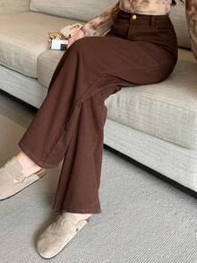 DAZY 女士休闲宽松水洗阔腿牛仔裤，秋季款 - 棕色 - 查看 9