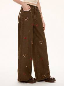 ROMWE Kawaii 女士复古可爱小熊蝴蝶结刺绣蕾丝拼接超低腰直筒牛仔裤 - 棕色 - 查看 5