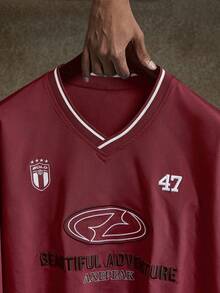 AXEPEAK 男士休闲运动V领字母刺绣卫衣，秋季款，长袖上衣 - 紅色 - 查看 3