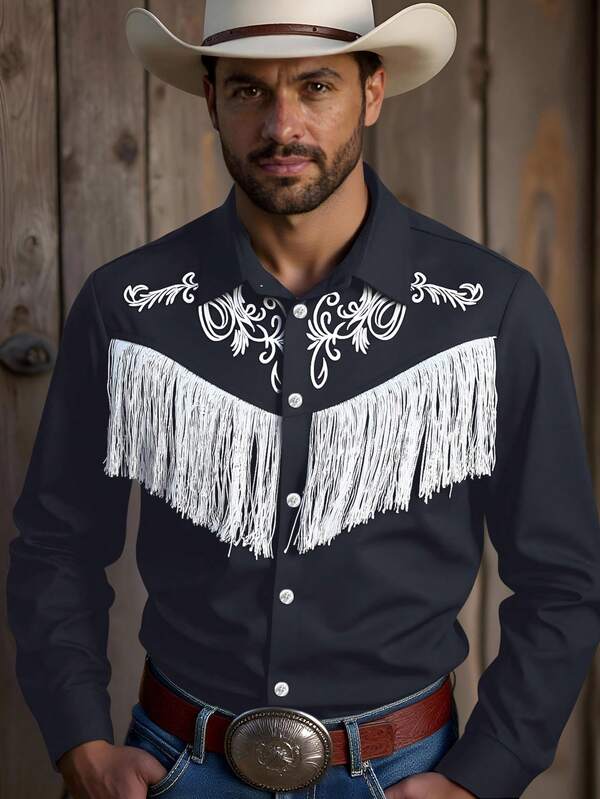 Manfinity Nomadique Men's Fashionable Western Style Fringe Decorated Shirt