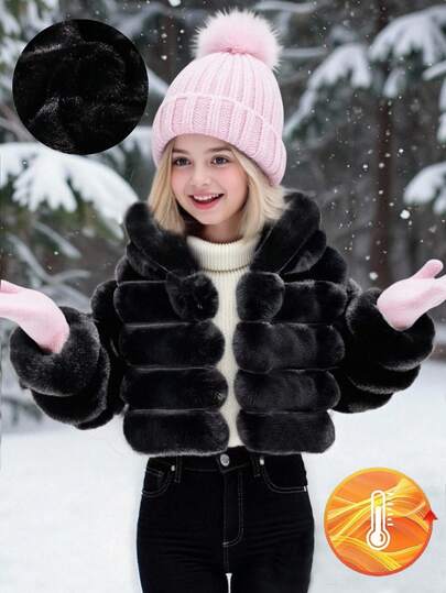 SHEIN 1 pièce Veste à manches longues en fausse fourrure moelleuse pour jeunes filles, manteau court ample et élégant avec capuche, convient pour le port en automne/hiver avec jupes, jeans, pour les fêtes et le casual