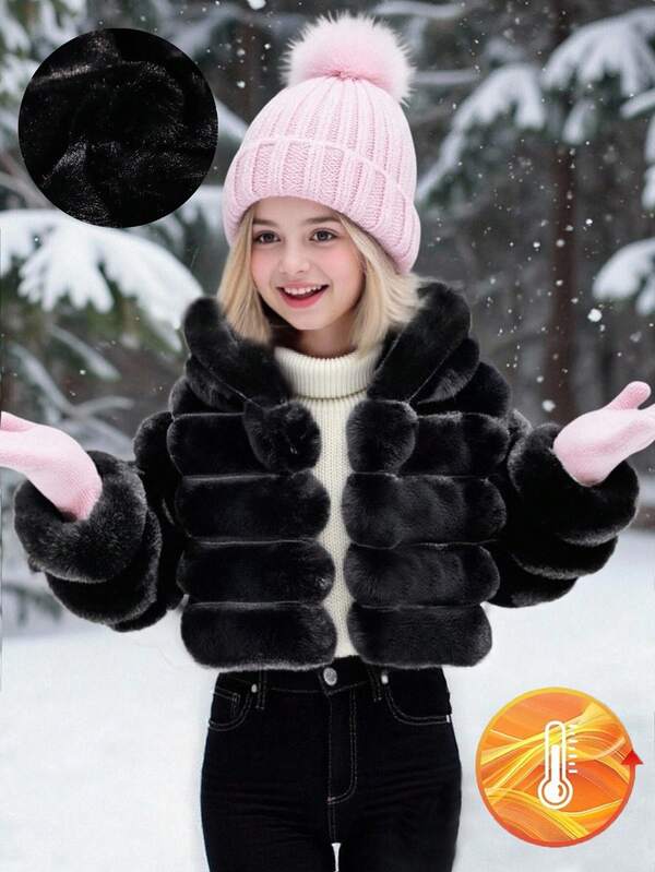 SHEIN Elladie kids 1 قطعة معطف فرو صناعي طويل الأكمام للفتيات الصغيرات، معطف أنيق فاخر فضفاض بقلنسوة، مناسب للارتداء في فصلي الخريف والشتاء مع التنانير والجينز والملابس الرسمية والكاجوال