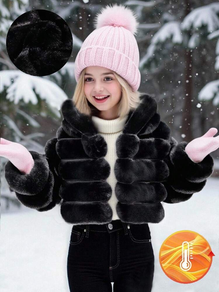 SHEIN Elladie kids 1 pieza Chaqueta de manga larga de piel sintética esponjosa para niñas, abrigo corto suelto y elegante con capucha, adecuado para usar en otoño/invierno con faldas, jeans, para fiesta y casual - Negro - Añade 1