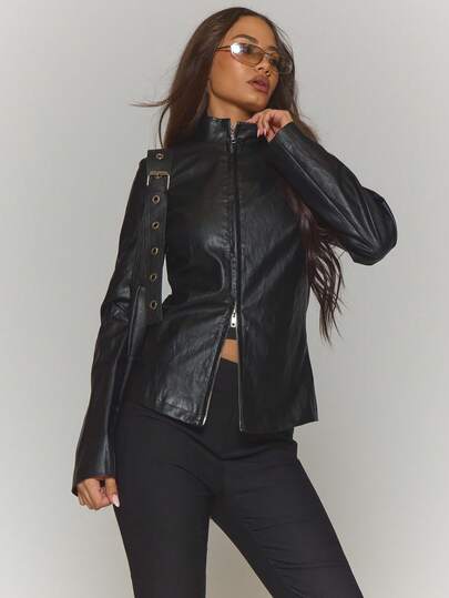 MUSERA High Neck Zip Through Fitted Faux Leather Longline Jacket Fall Autumn Winter Streetwear Cool Night Out Everyday Sexy Elegant Holidays Party Spring Summer