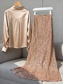 Franclia Plus Size Women's Elegant Satin Collared V-Neck Long Sleeve Shirt & Glitter Bodycon Maxi Dress 2-Piece Set, Suitable For Casual, Commute, Vacation, Afternoon Tea, Christmas Party