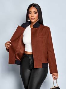 SOLERSUN Jaket Kantor Elegan Bergaris Cokelat untuk Wanita, Jaket Komuter Harian Musim Gugur, Kerah Tinggi Merah Bata, Kerah Kontras Bergaris Hitam, Kancing, Saku Palsu, dan Hem Berkerut - Rust Brown - View 3