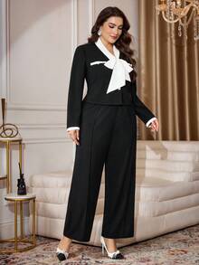 Modelyn 2pcs/Set Women's Contrast Color Bow Decor Outfit, Elegant Long Sleeve Top + Wide Leg Pants, Professional Commuter Suit - Black - View 3