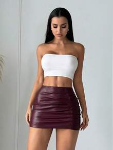 SHEIN SXY 纯色PU皮革褶皱修身性感时尚半身裙 - 酒紅色 - 查看 5